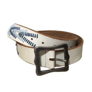 Lucky Brand Cream Blue Embroidered Leather Belt XL Southwestern Boho Coastal